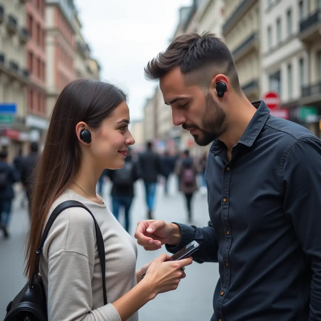 High-definition realistic portrait photo of a man and a woman, wearing black in-ear Bluetooth headphones. The woman is holding a cell phone and the man is across from her, hunched over, pointing at the screen. In the background are several people, buildings and other objects walking on the road.