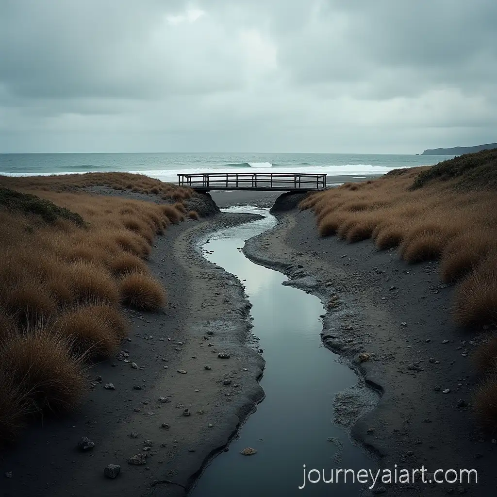 Wooden-Bridge-Over-Dry-Riverside-Leading-to-the-Ocean-at-Sunset