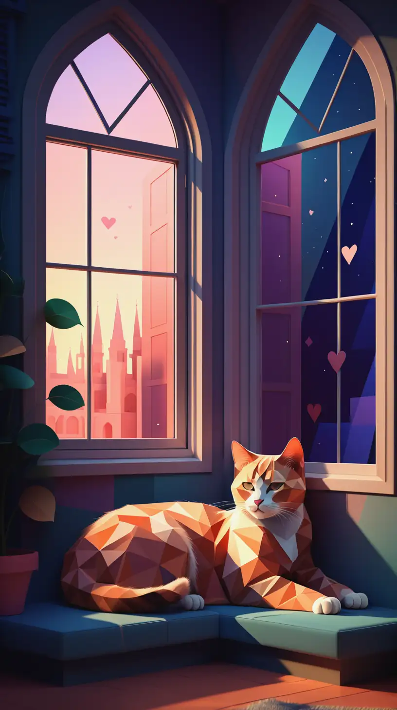 Tranquil Cat Resting in Cozy Geometric Windows Corner at Evening