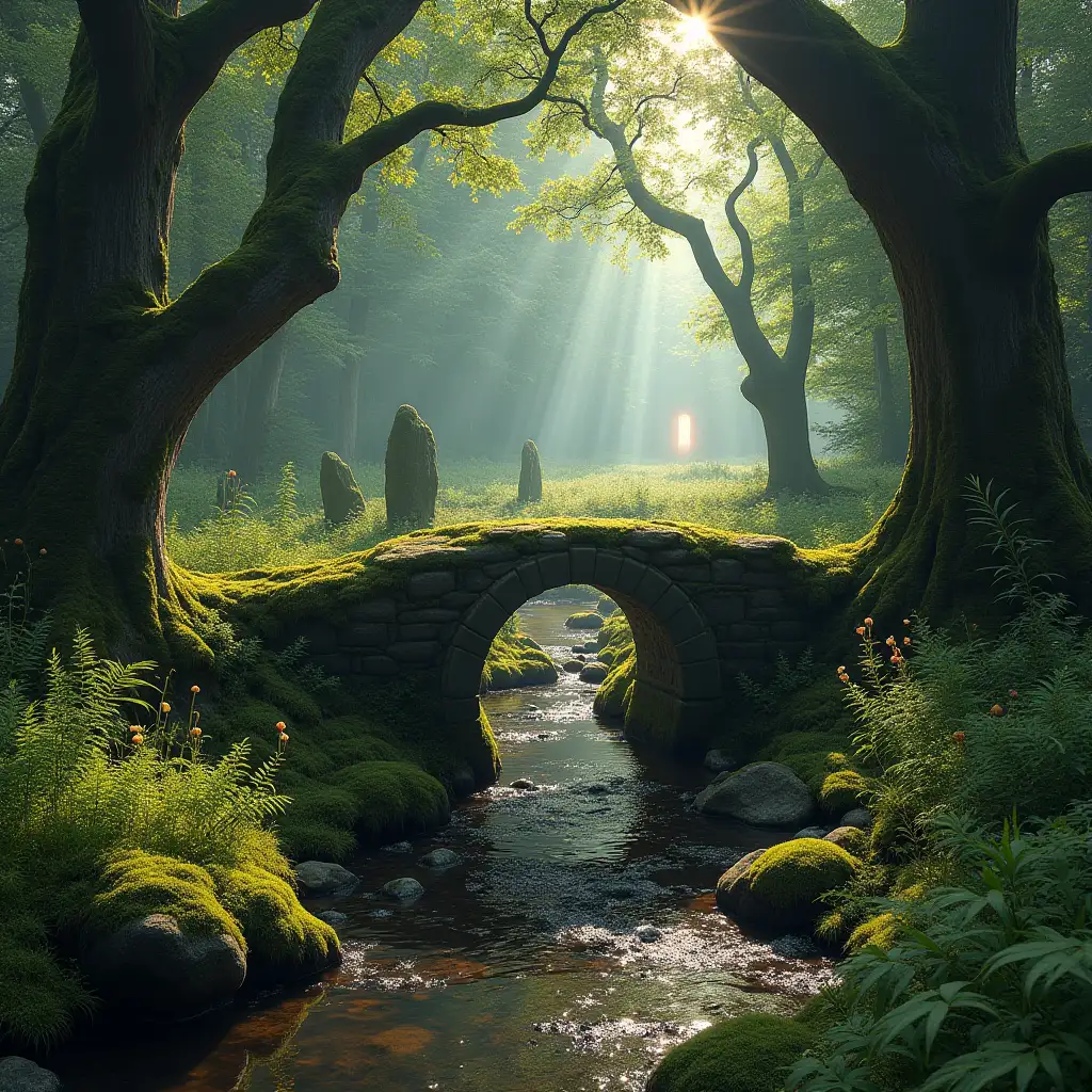 a small low ancient overgrown stone bridge over a stream is hidden deep in a Scottish Highland Forest. The stones are covered in moss and lichen. Ferns and wildflowers cover the ground. The many trees are old and knotty. the bridge is in disrepair. sunbeams pierce through the branches. Standing stones seen in the background. a shimmering glowing portal is seen in the distance.