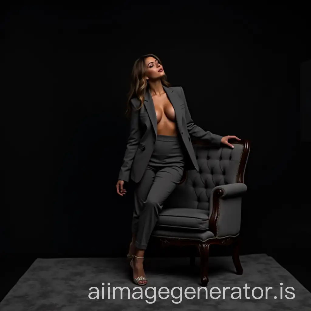 Shooting studio, black background, a vintage gray chair on a coal-colored carpet. The model is in a three-piece suit. The female model's pose is sensual and elegant