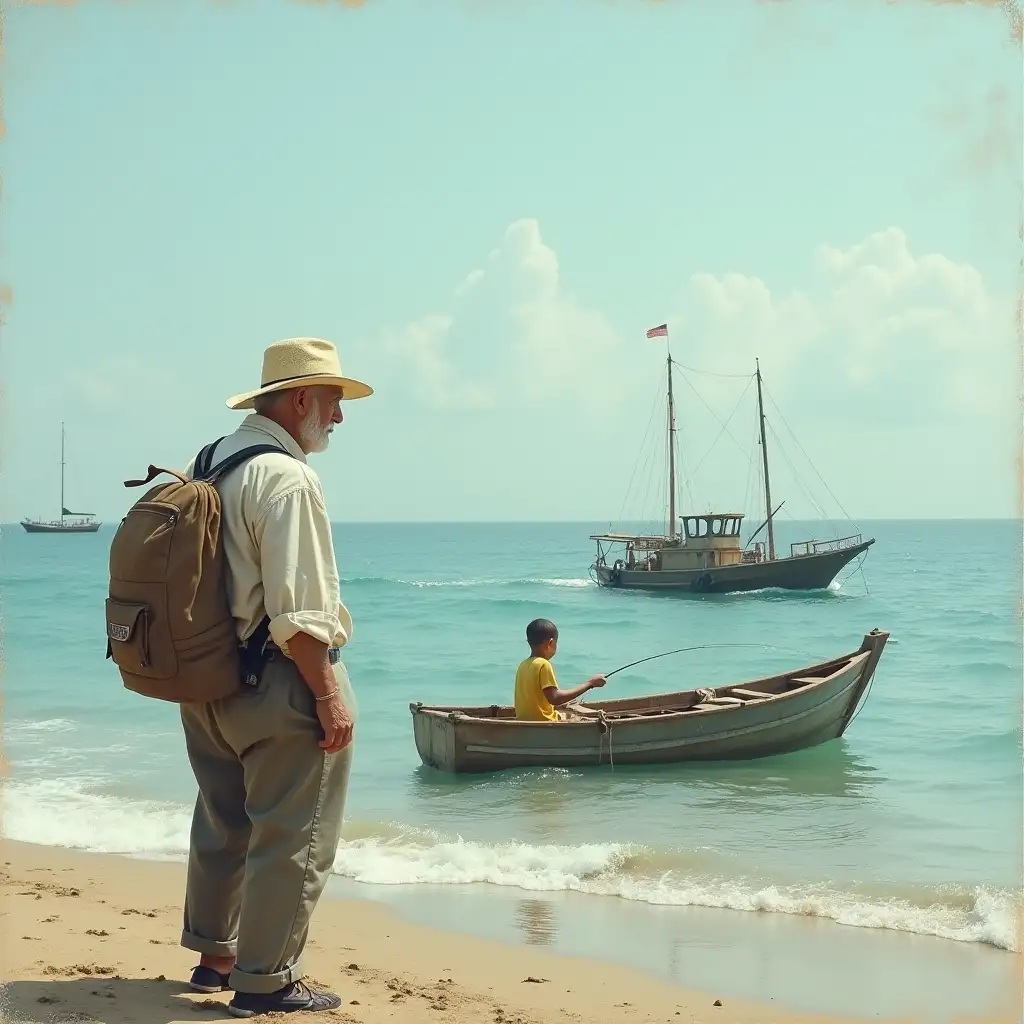 An old man at the beach watching a fishing boat, with a child fishing on the boat.