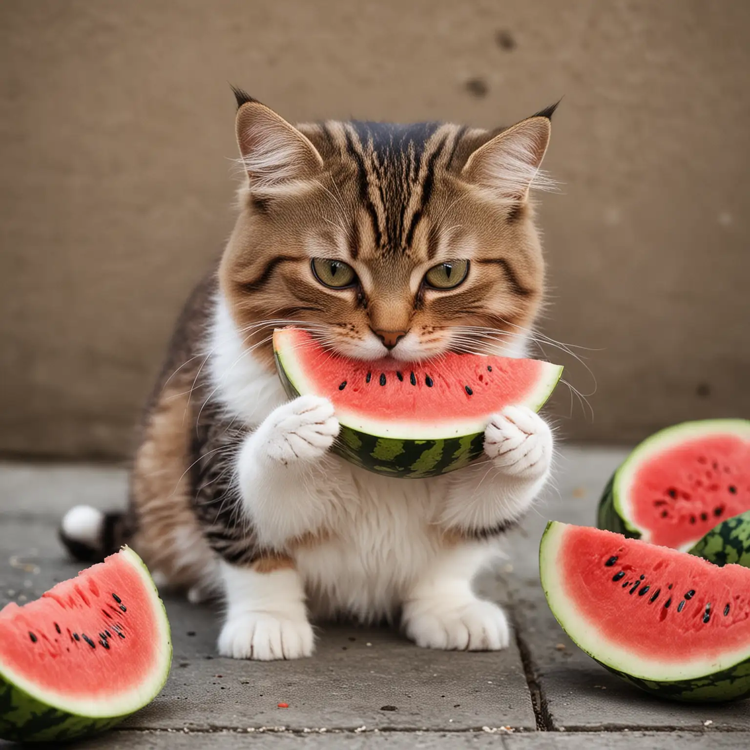 A cute cat EATING Watermelon  