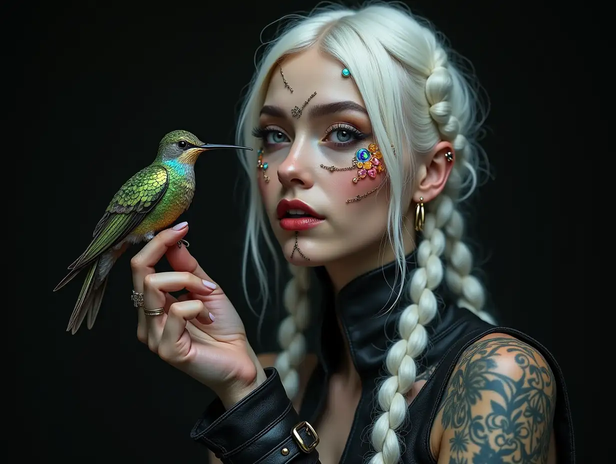 user_prompt: A hyperrealistic depiction of a beautiful white woman with a smile tattoo on her face, long white hair with black braided hair and buckled boots, holding a hummingbird with intricately detailed, colorful and futuristic jewelry in her hand. Black background blurred 120-mm shot