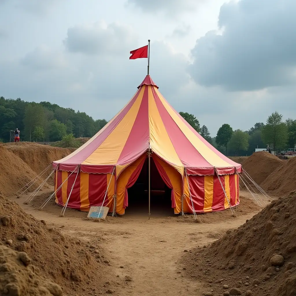 Colorful Circus Tent Amidst Dramatic Quarry Landscape