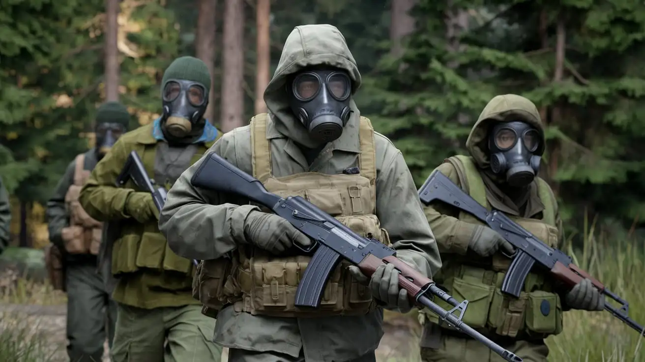 Russian Soldiers in Gas Masks with AK74 Assault Rifles in a Forest