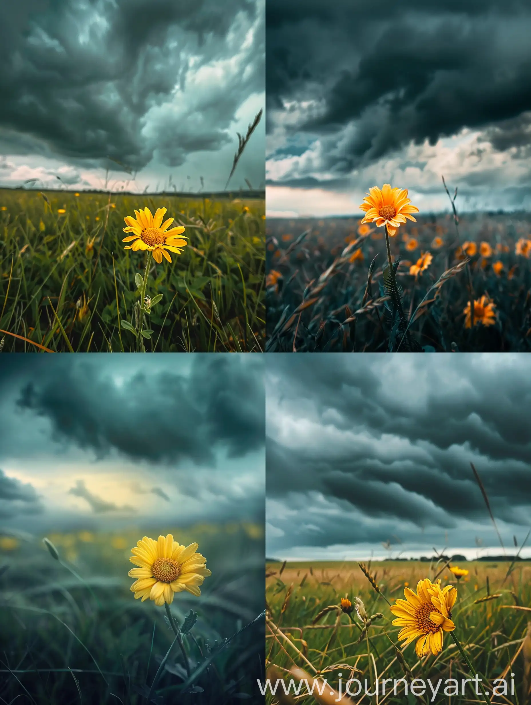 Yellow-Daisy-Flower-in-Stormy-Field