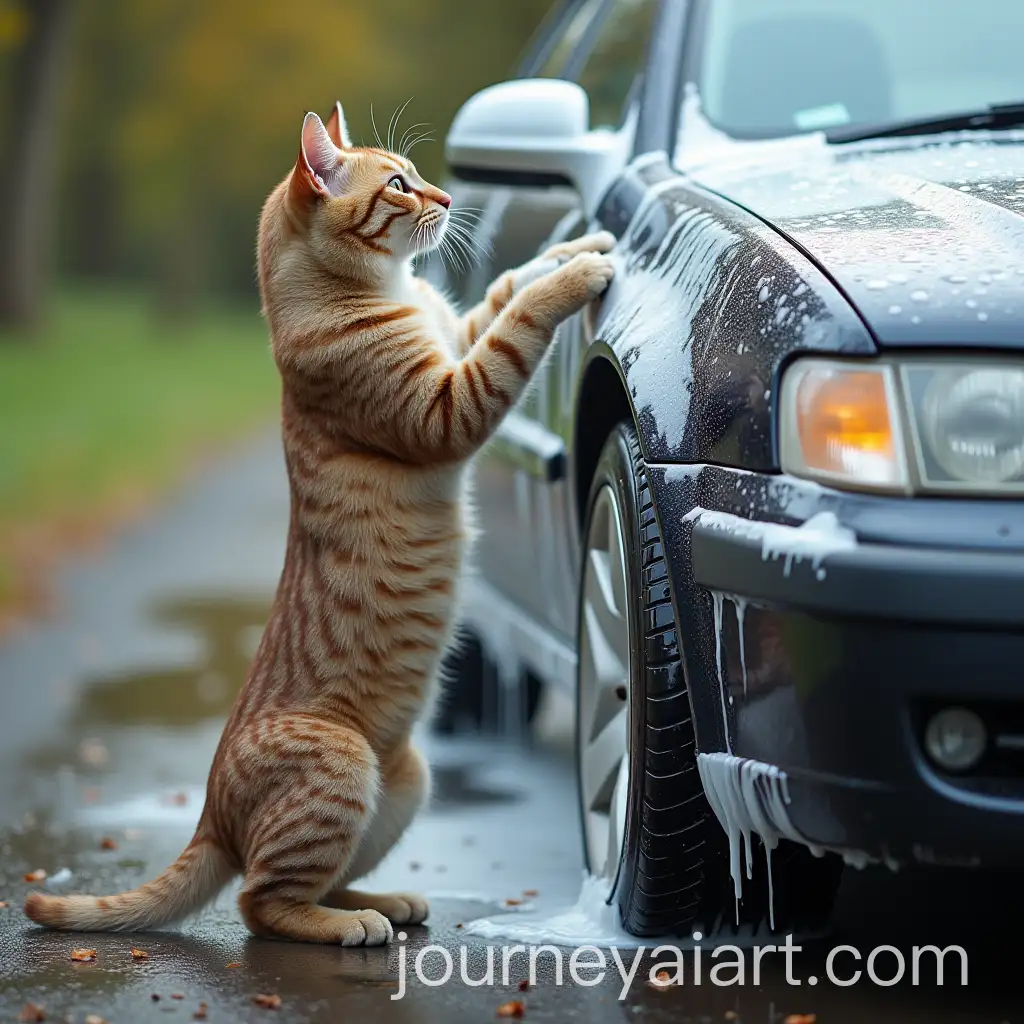 Playful-Cat-Washing-a-Car