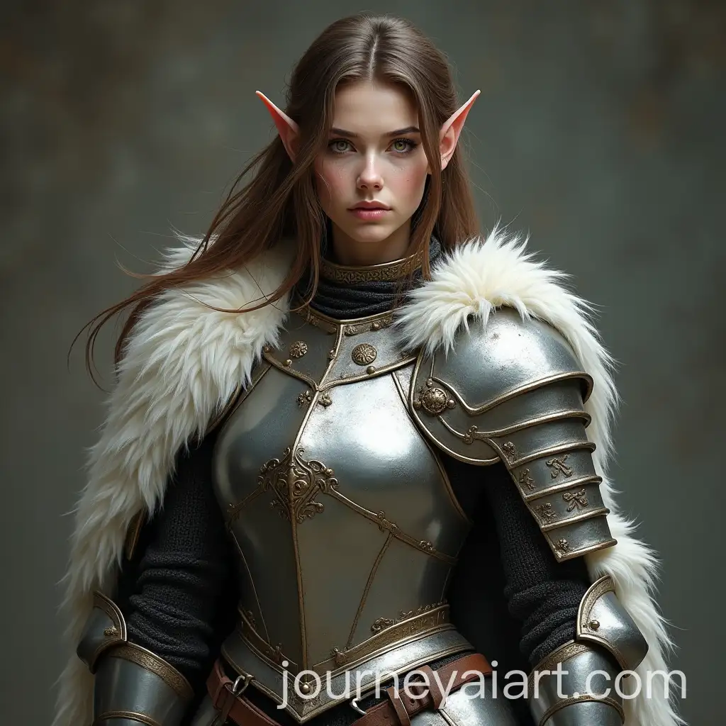 Medieval-Fantasy-Woman-Warrior-in-Silver-Armor-with-Elf-Ears-and-Golden-Eye