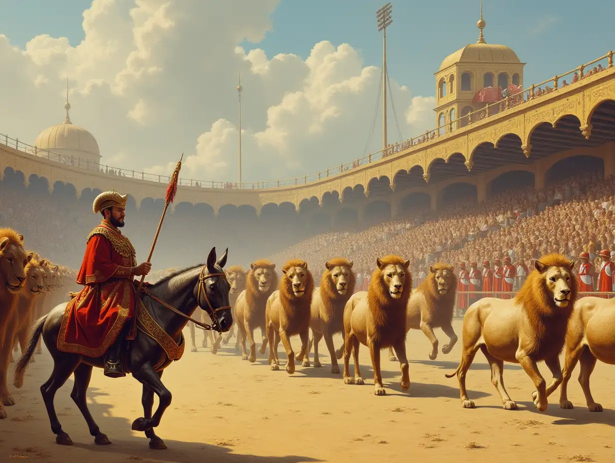 A grandstand, on the grandstand there are a ram, a donkey and a hare in luxurious uniforms. Before the grandstand, lions march in straight lines in simple, same military form. A painting in oil.