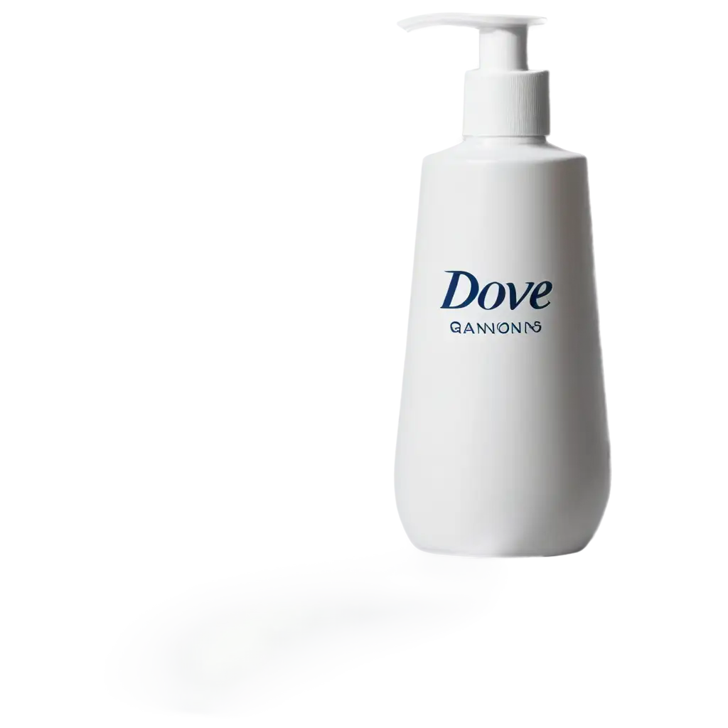 Generate a sleek and modern image of a Dove hand washing bottle. The bottle should be black with elegant branding, set against a clean white background. Include subtle reflections and shadows to enhance the product's luxurious appearance. The lighting should be soft and diffused to create a fresh and inviting atmosphere. Incorporate a few delicate water droplets on the bottle to emphasize hydration and freshness. The overall composition should convey a sense of elegance and sophistication, appealing to a premium market.