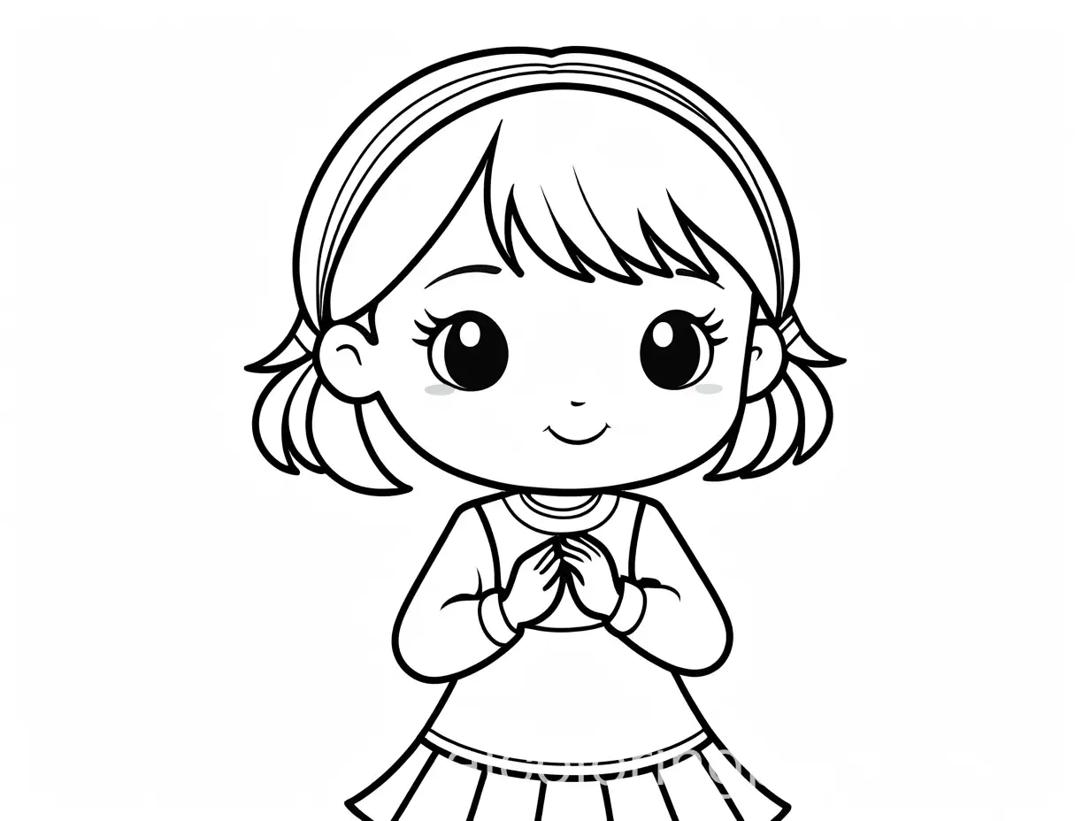 A small girl holding both of her hands together in front of her., Coloring Page, black and white, line art, white background, Simplicity, Ample White Space. The background of the coloring page is plain white to make it easy for young children to color within the lines. The outlines of all the subjects are easy to distinguish, making it simple for kids to color without too much difficulty