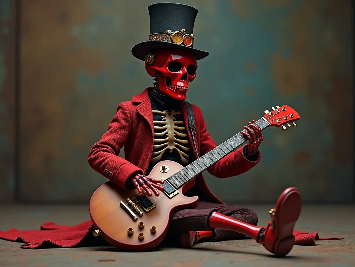 Create a high-resolution, realistic image of a robot with a skeleton body, red porcelain hands and head, a sweater, a Steampunk top hat, and a guitar on the floor in 4K resolution (Steampunk 8K quality)