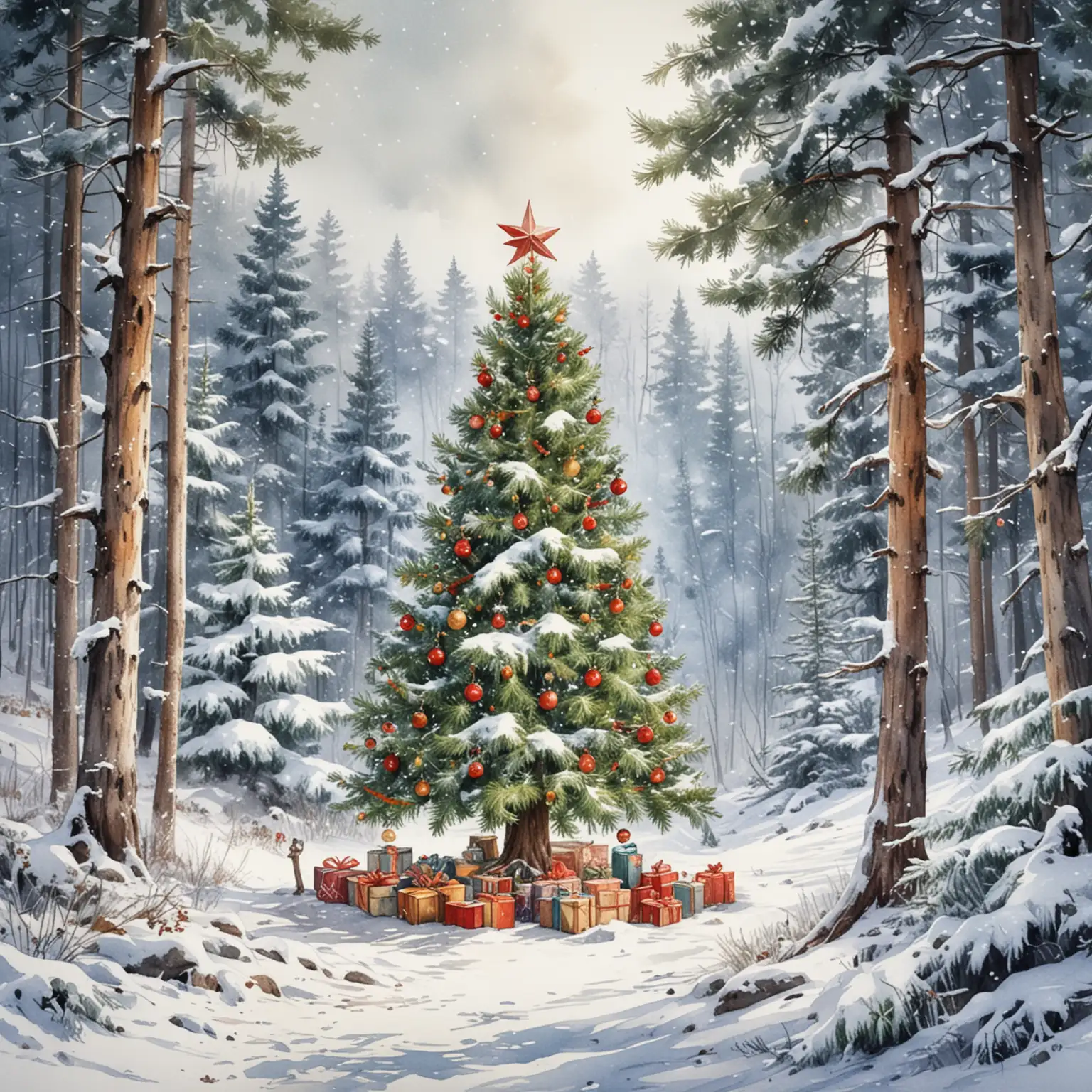 New-Years-Decorated-Christmas-Tree-in-Snowy-Forest-Watercolor-Art