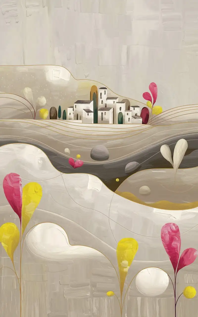 A minimalist modern painting of a small village viewed from above, in the style of Miguel Camarena. The composition is serene and abstract, with flowing organic forms, layered terrain, and a stylized village integrated into the landscape. Painterly texture with visible brush strokes and soft gradients. Bright accent colors are used sparingly to add subtle joy and elegance, while maintaining a calm, luxurious atmosphere. No frame or mockup — just the artwork itself. High‑resolution, large‑format fine art.