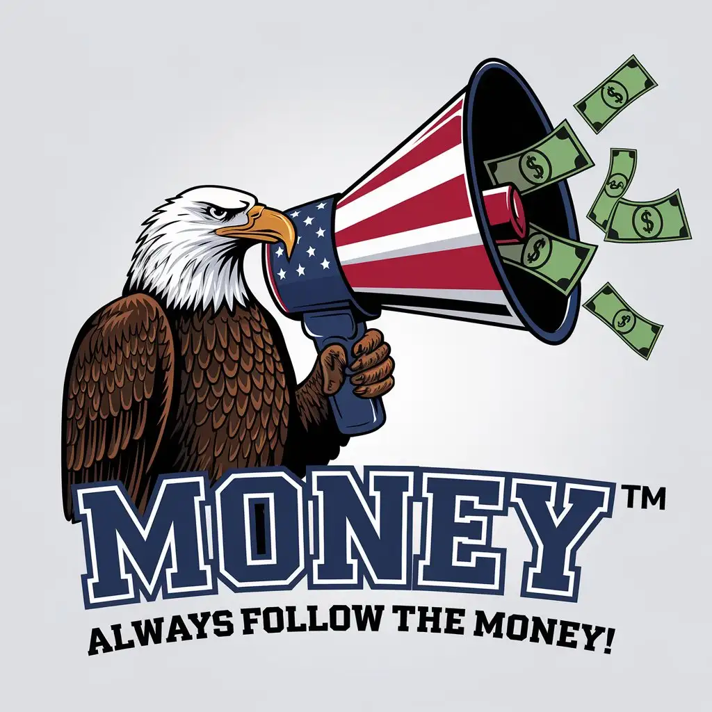 LOGO Design for MONEY American Bald Eagle with Red White and Blue Megaphone and US Dollars Theme