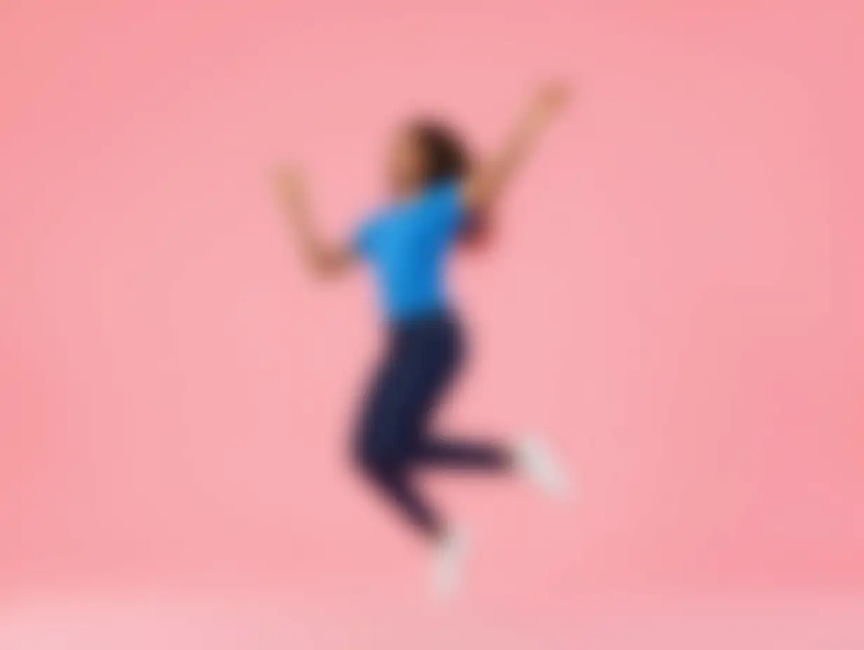 Full length photo of charming positive woman wear blue top jumping high communicating modern gadget empty space isolated pink color background