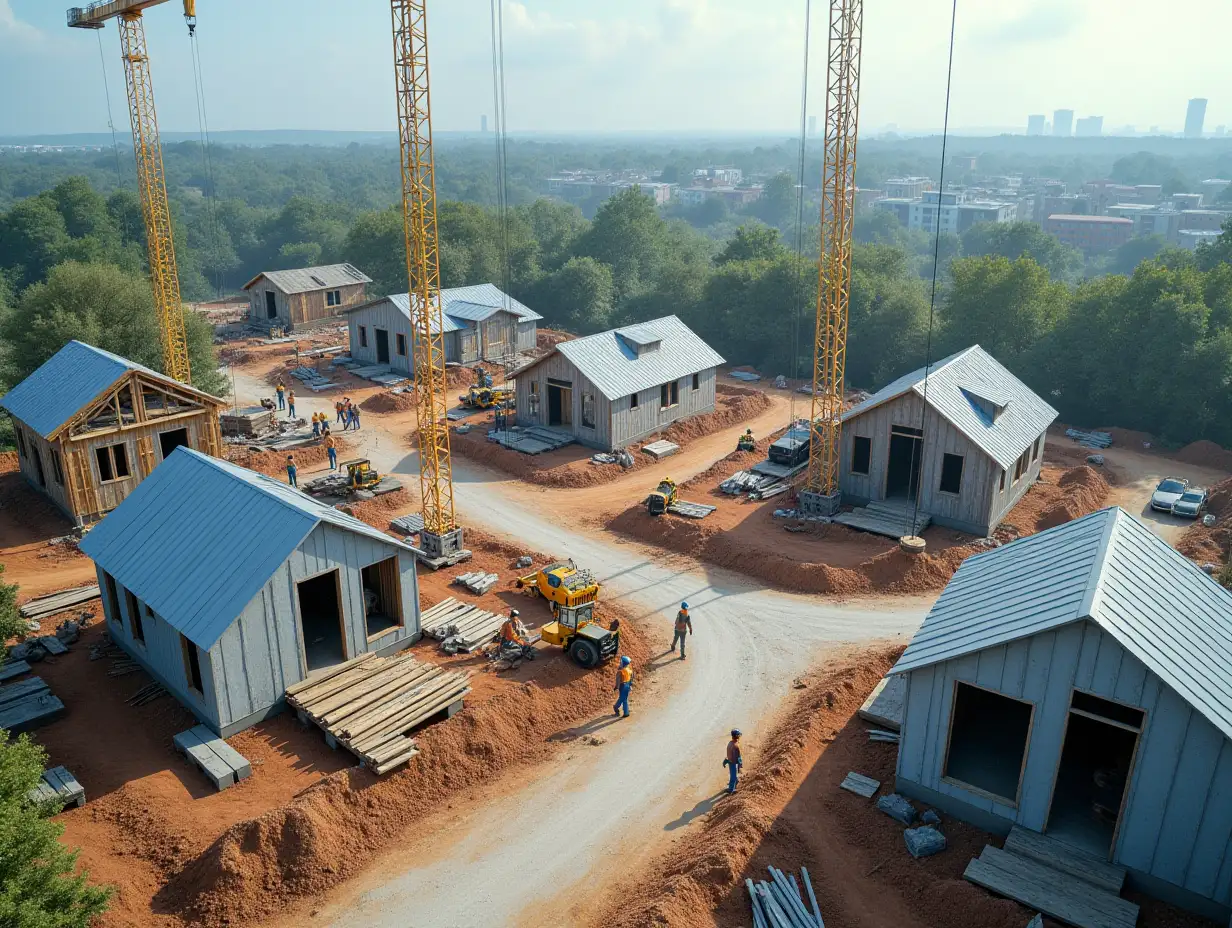 Create an image of a busy construction site where several projects are underway, showing the progress of various buildings such as houses, cottages, or residential complexes. Include partially built structures with visible frameworks, cranes lifting materials, and workers coordinating tasks, all wearing safety gear. The scene should depict a well-organized site with piles of bricks, wood, and concrete, alongside construction vehicles like bulldozers or trucks. In the background, showcase a mix of natural surroundings and urban skyline to highlight the company's diverse capabilities. Use a color scheme of muted earth tones with pops of blue and gold to convey professionalism, quality, and reliability