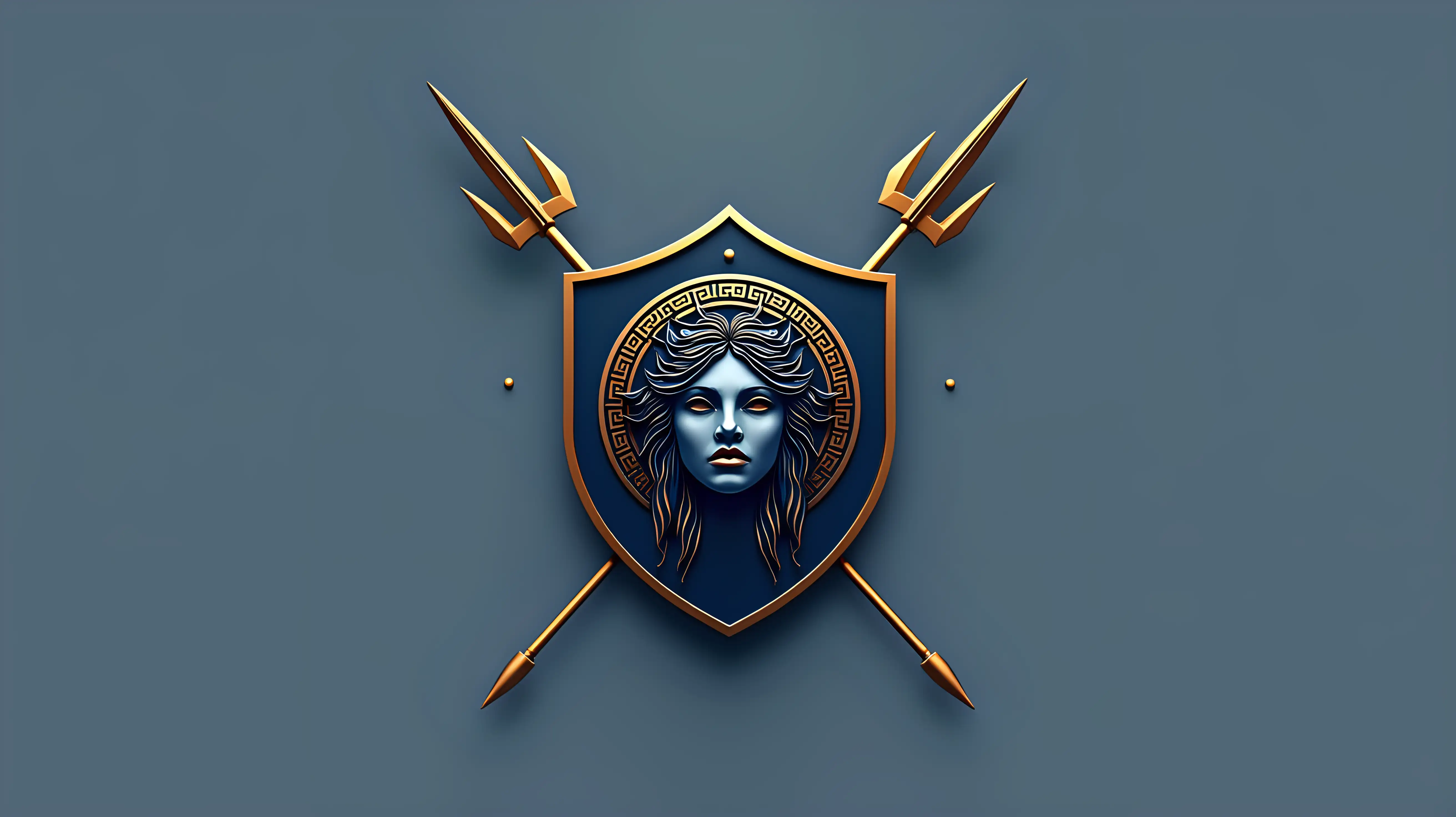 A sleek, modern, and minimalist logo for 'Aegis Themis,' a blockchain security brand inspired by Greek mythology. The central element should be a clean, symmetrical shield symbolizing protection. Inside the shield, replace the eye with a stylized Medusa's head (Gorgoneion), inspired by ancient Greek art, but simplified for a sleek, professional look. Surrounding Medusa’s head, incorporate a balanced set of scales to symbolize justice. Behind the shield, place two crossed spears, pointing upwards, with a clean, straight finish at the bottom to represent strength and readiness. The design must be perfectly symmetrical, well-aligned, and maintain a Greek-inspired yet modern aesthetic. Use a deep blue and gold color scheme to evoke wisdom, trust, and authority. The final composition should be a bold, iconic emblem without text, blending mythology with blockchain security aesthetics.