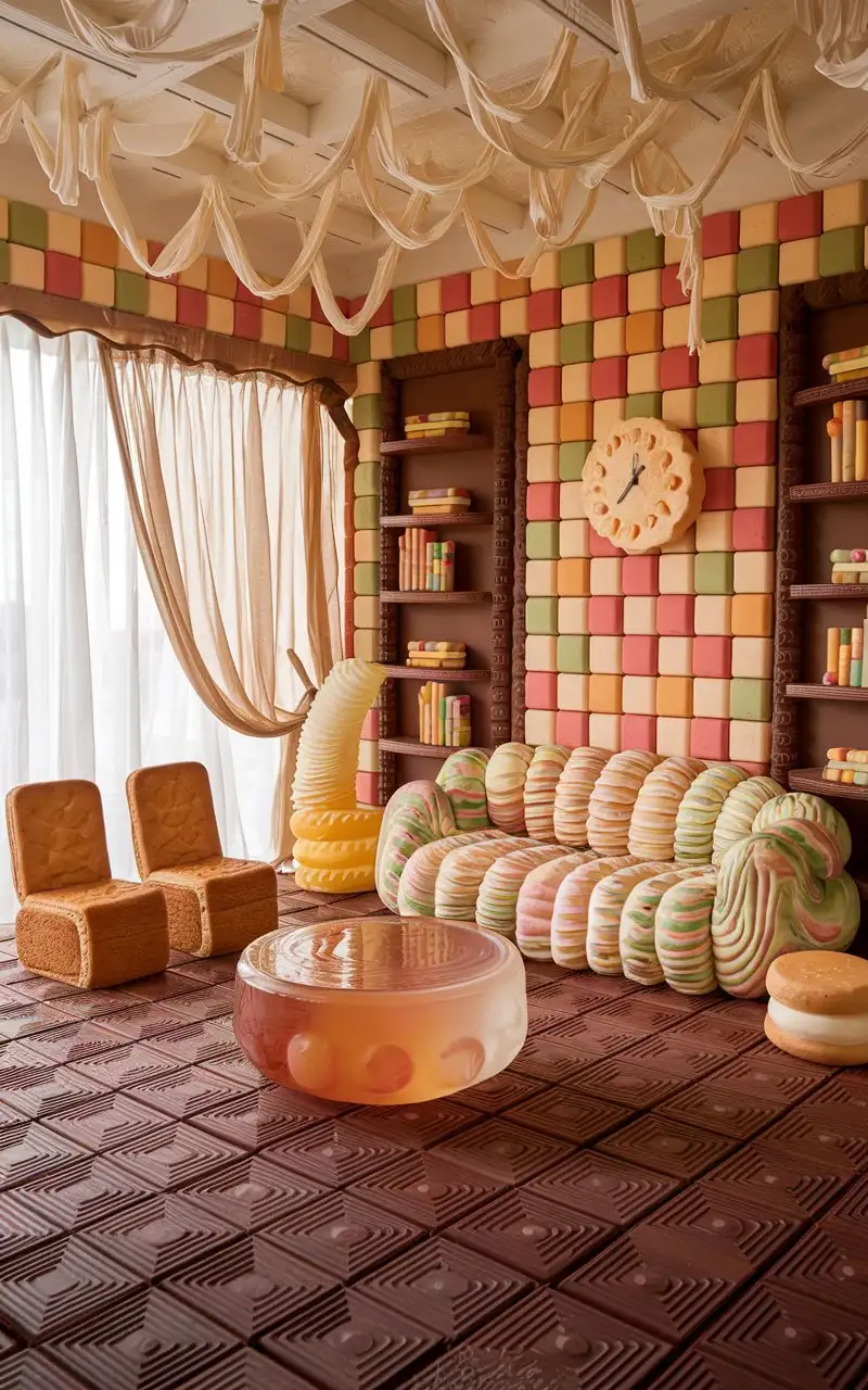 Interior scene of a house made of bread and dessert. The living room has a cozy sofa made of a large, squishy marshmallow with a lot of marshmallow features, next to a round coffee table made of translucent jelly, and chairs made of sandwich cookies. The candy walls were decorated with colorful fudge patterns, only a clock made of cake hung on the wall, and the floor was covered with large rectangular chocolate floors with some texture. The curtains made of hawthorn roll let in natural light softly. The bookshelf is made of rectangular biscuits, and there are several jelly-shaped books on the bookshelf, and the crisp-tube lamp is next to the sofa. There are a few bookcases made of marshmallow, flowing a little cream, the room is full of sweet atmosphere, the overall style is full of Tong Qu and fantasy.