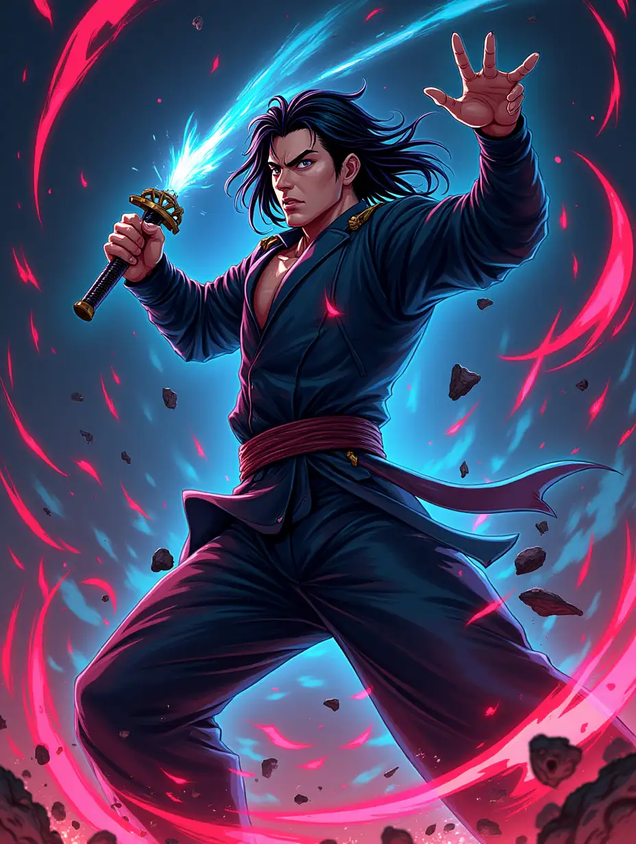 Illustrate Jinwoo in an intense action pose, mid-fight against an unseen opponent. His stance should convey energy and motion, with his sword raised high, glowing with dark energy. Around him, swirling shadows should form into jagged, sharp lines, creating a sense of speed and power. His expression should be determined and fierce. Use a combination of dark and neon colors to emphasize his power