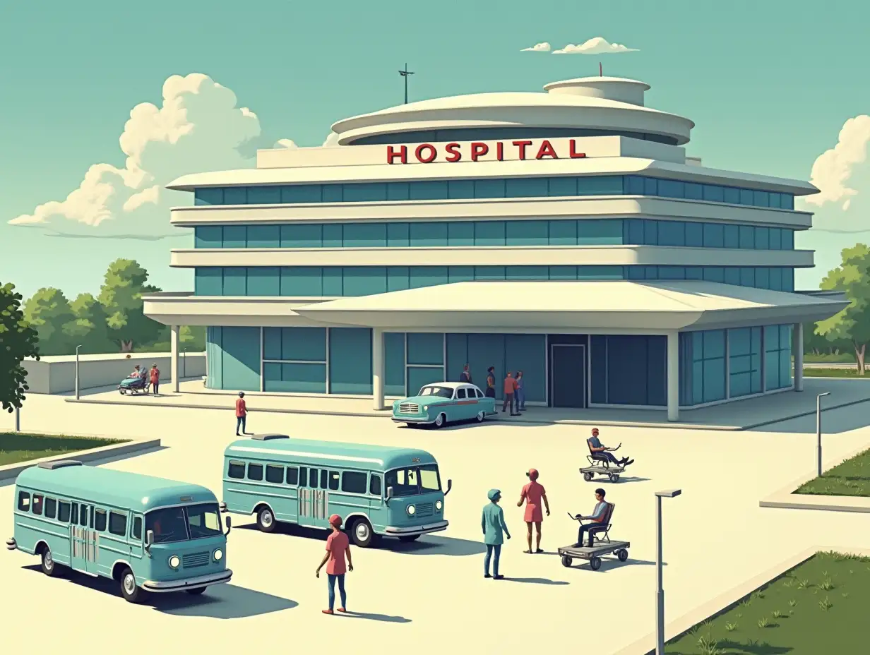 streamline hospital building. three large futuristic buses stand on the square. robotic medical workers ferry passengers to the building on chairs and stretchers with wheels. view from above. lens 105 mm. The picture is in the style of NF illustrations of the 50s