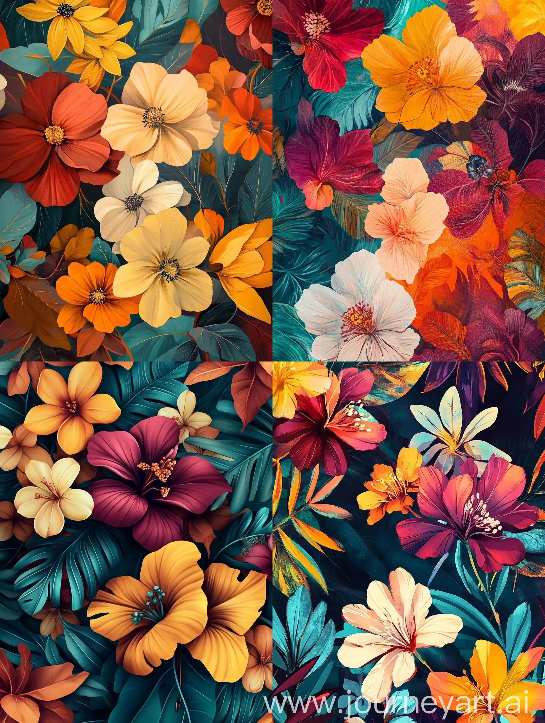 Vibrant-Floral-Art-Modern-Botanical-Patterns-in-Maroon-Red-Orange-and-Teal