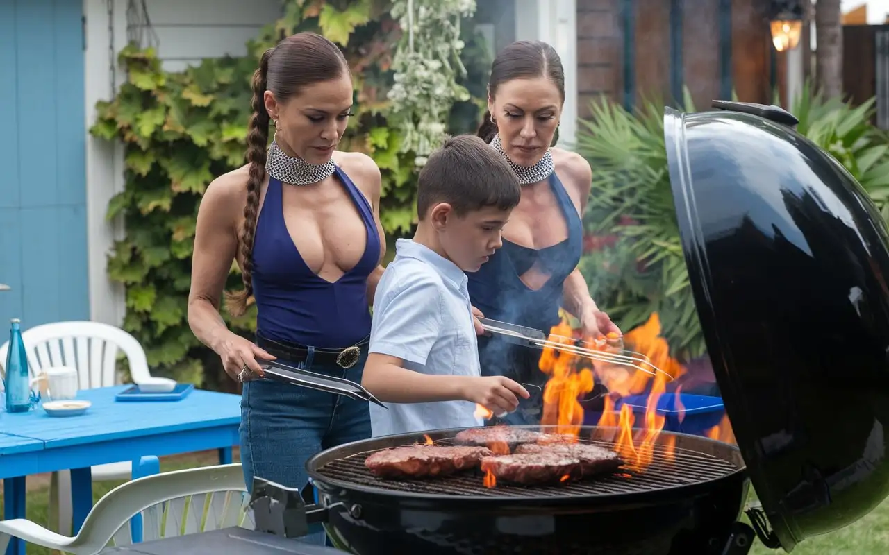 Summer Backyard. Two very beautiful Evil mature  smiling latina females with deep necklines and hair slicked back into a ponytail (grills a boy on a large grill:1.5), big hot flame, hot coals, cinematic, photo , 4k