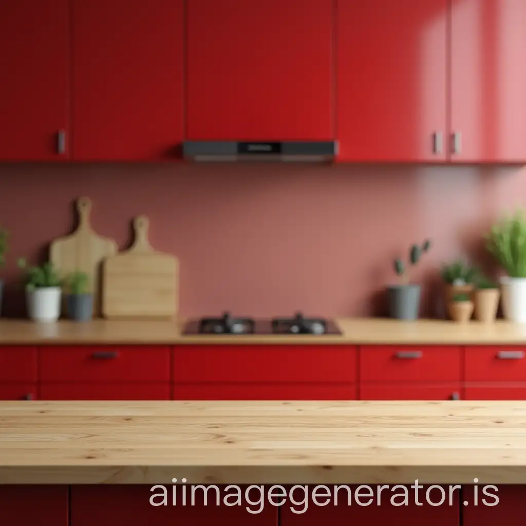 Wooden-Empty-Countertop-in-Front-of-a-Red-Kitchen