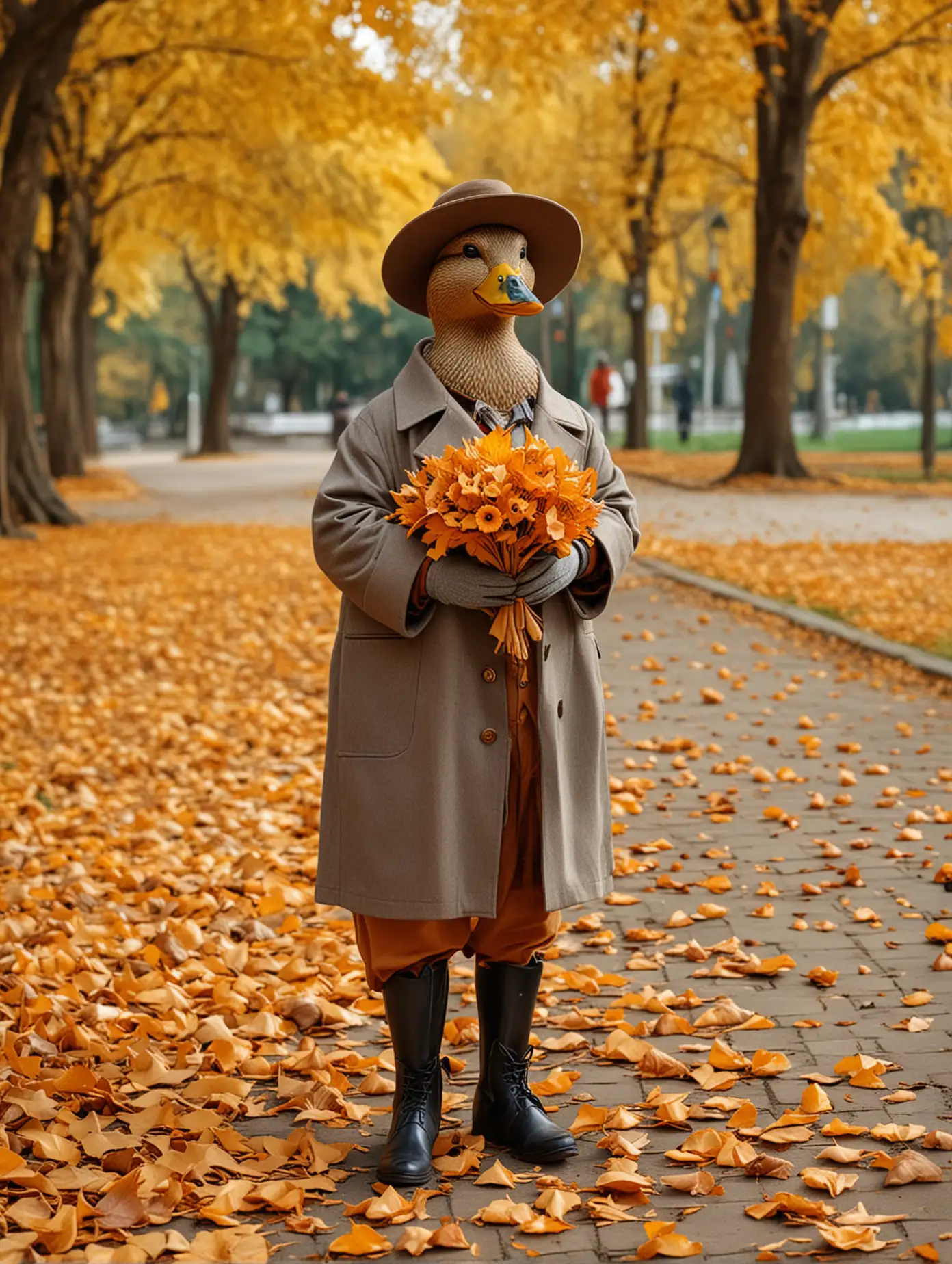 Duck-in-Autumn-Park-Scene-with-Maple-Leaf-Bouquet