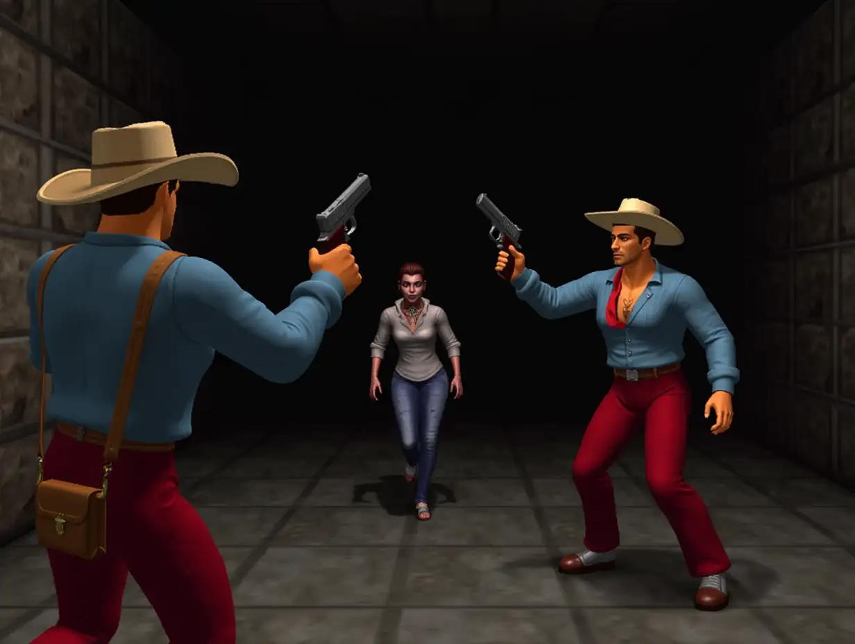 1990s 3D ps1 styled Gameplay screenshot for PlayStation featuring a 3D polygonal characters models of a cowboy in a hat blue long sleeve dress shirt red long pants holster fighting against a zombie woman in a basement walking towards him 1990s 3D polygonal style video game 3rd person fighting game 3rd person 3D Beat em up 1990s graphics retro style game 3D 3rd person survival horror game 3d 1990s PlayStation Graphics