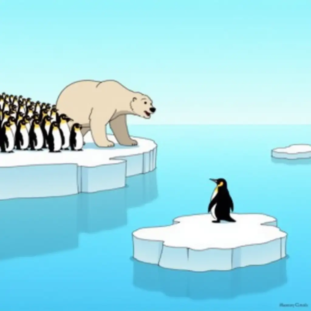 Penguin-on-Ice-Floe-Facing-Hungry-Polar-Bear-in-Antarctica