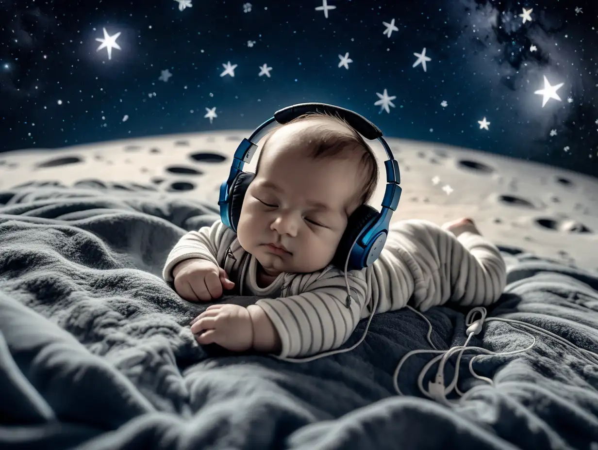 A wide-angle image of a baby wearing headphones, peacefully sleeping on the moon, with a night sky full of stars