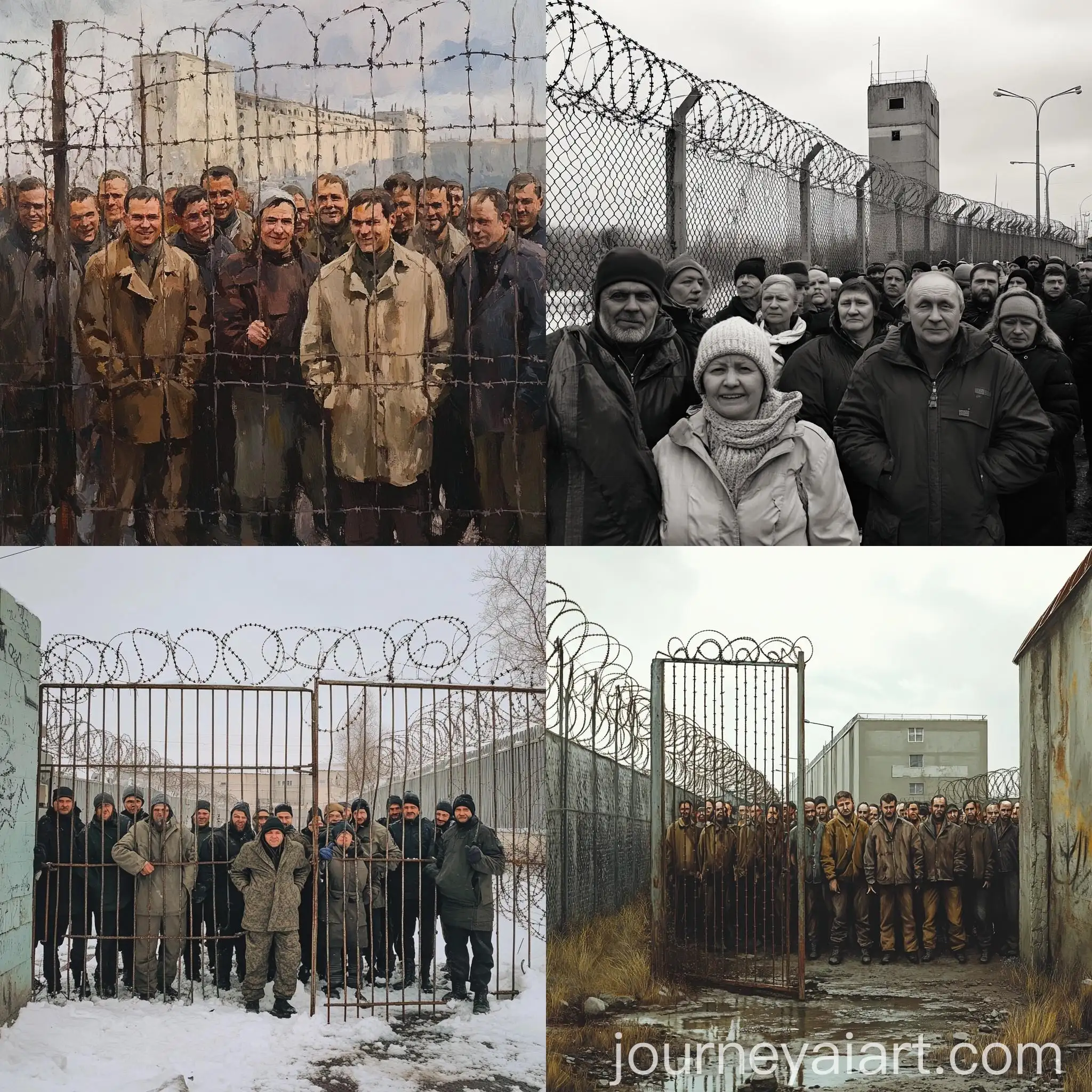 Russian-Citizens-Smiling-Behind-Barbed-Wire-Fence-with-Concrete-Prison-Background