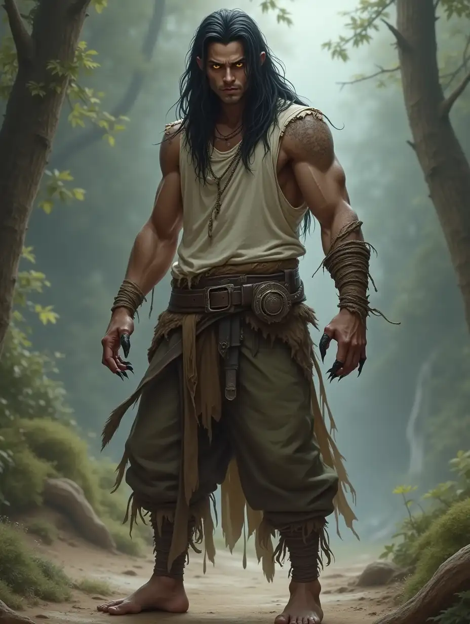 Fantasy setting, wild man, strong man, claws on hands and feet, animal features, black long straight hair, yellow eyes, eyes with vertical pupils, bandages on hands and feet, barefoot, rough clothing made of rags and skins, clean face, baggy pants, handsome young man, athletic build, slim body, t-shirt