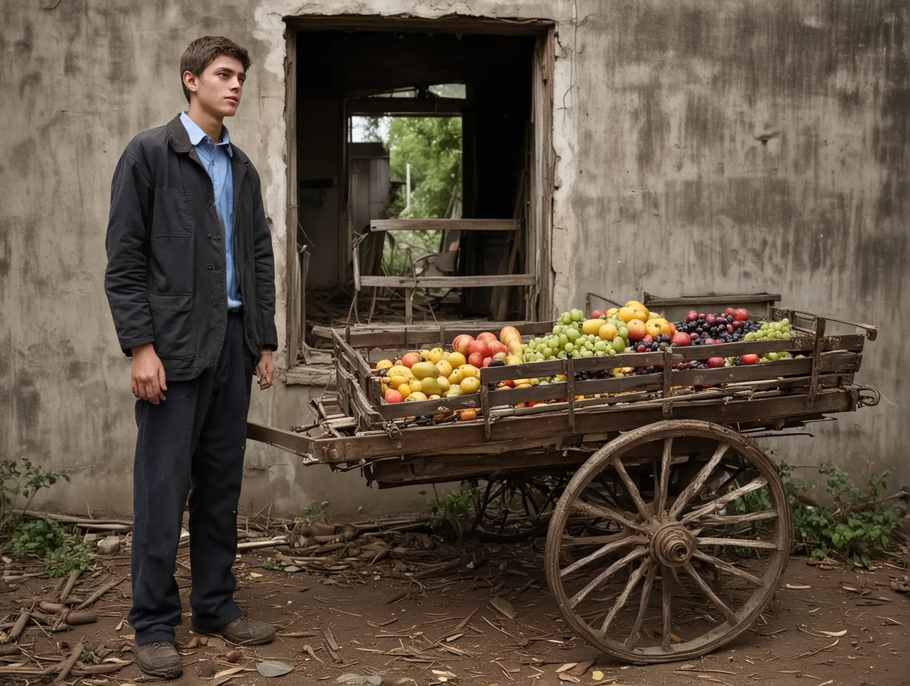 Young-Man-Reflecting-on-Fathers-Sacrifices-by-Abandoned-Fruit-Cart