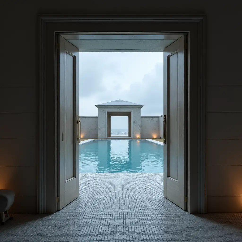 Doors opened, leading into a pool area, the pool area is the size of a warehouse, with small white tiles everywhere, ambient lighting scattered around, at the back of the pool area there is an open area, in the open area the cloudy afternoon sky can be seen,