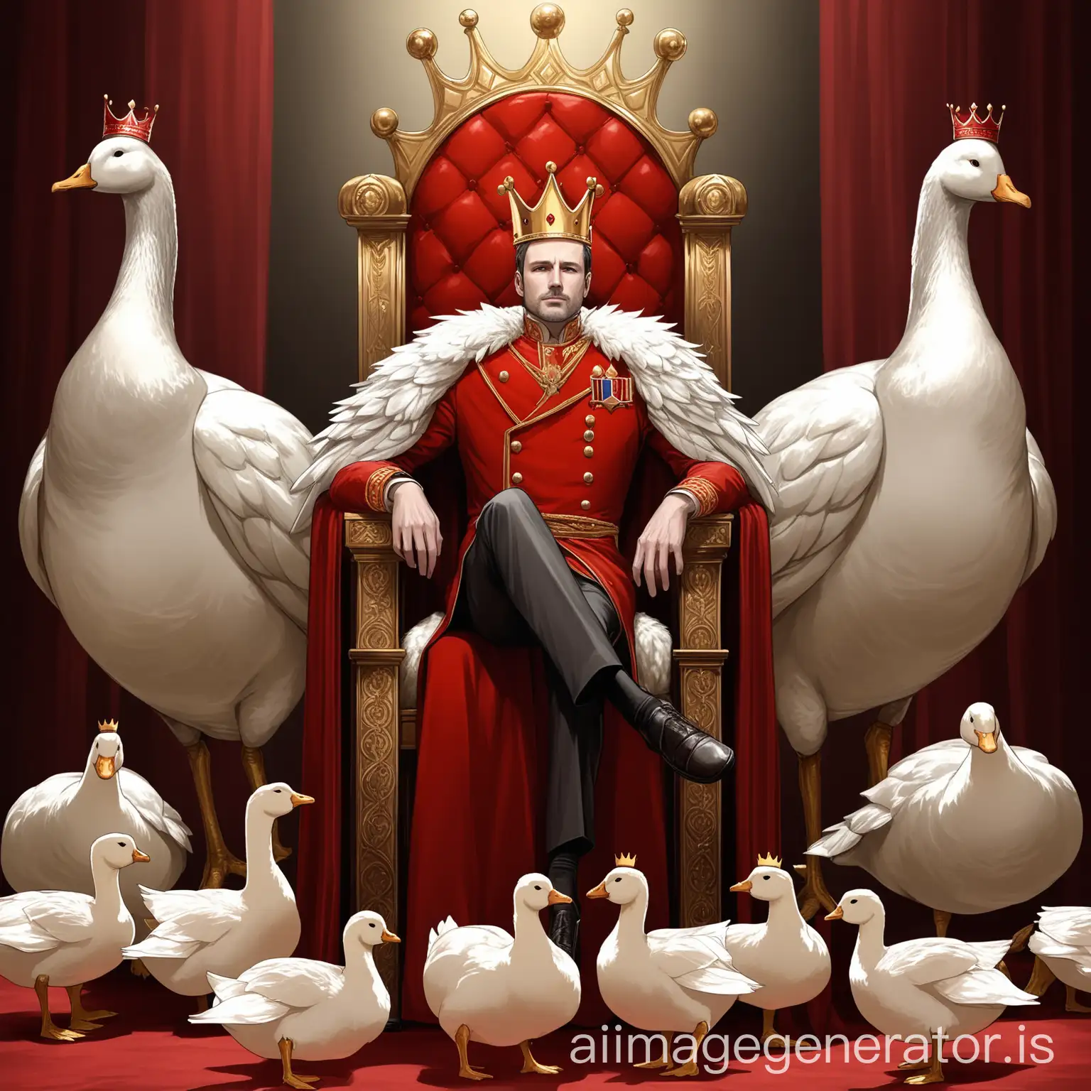 Man-with-Crown-on-Throne-Red-Hen-with-Crown-and-Geese-at-Feet