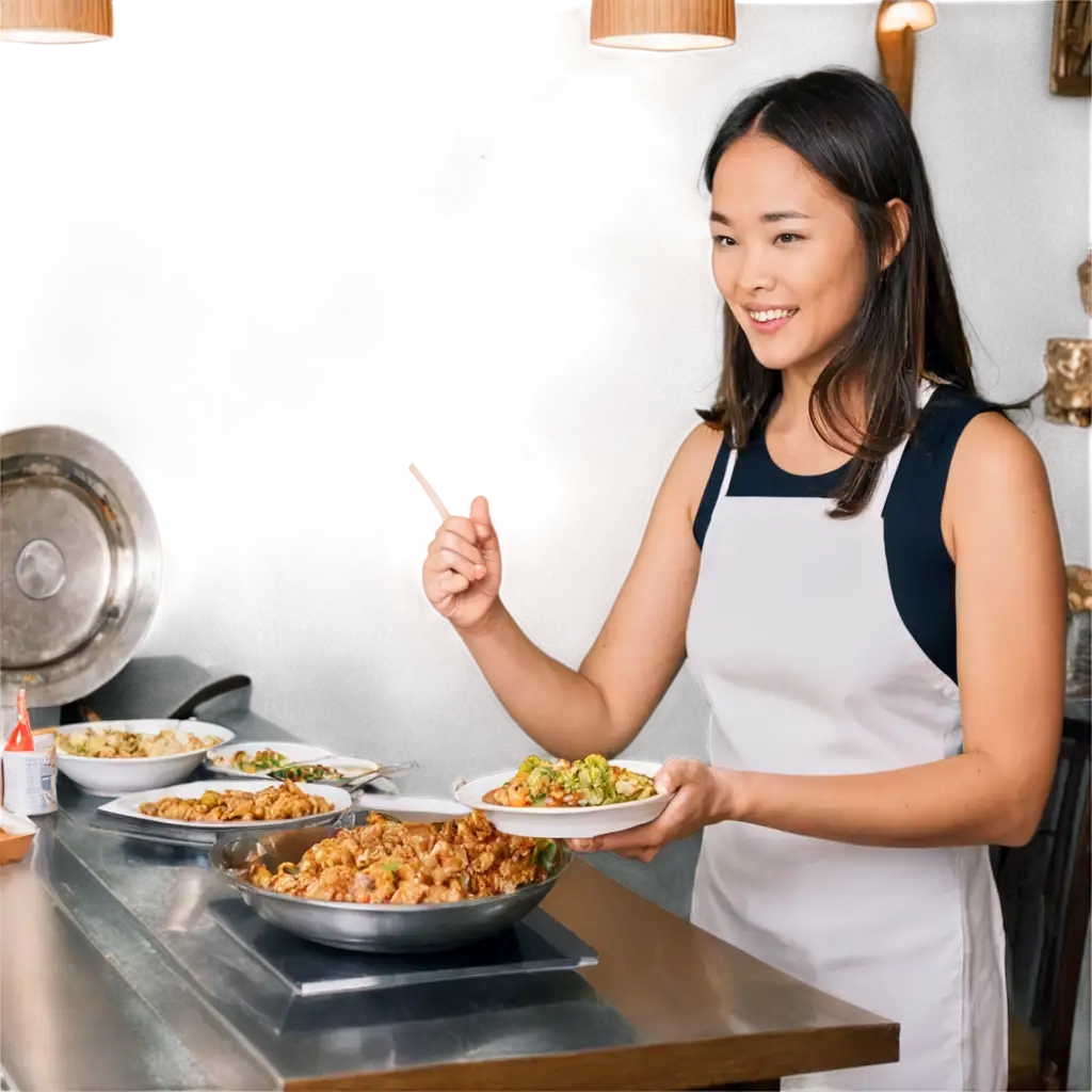 PNG-Image-of-a-Woman-Serving-Food-in-a-Chinese-Restaurant-A-Visual-Delight-for-Culinary-Art