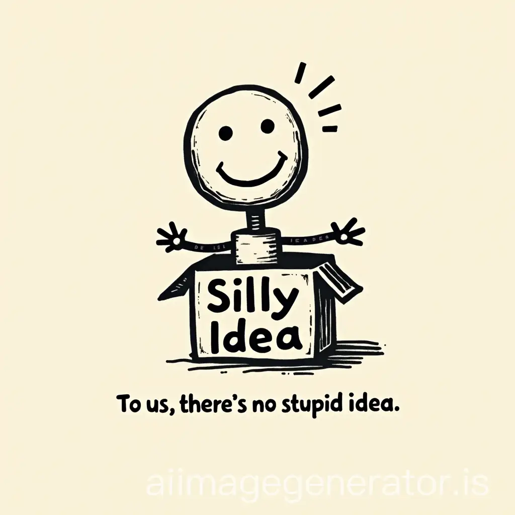 Happy-Idea-Robot-Popping-Out-of-Box-with-Silly-Idea-Corporation-Logo