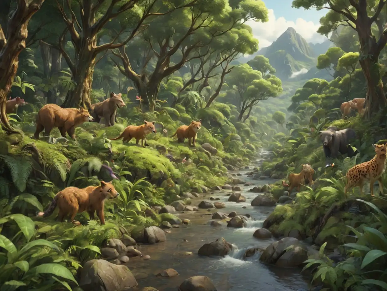 a wide-angle view of a dense forest with lush bushes, a stream, and mountains, after the rain. The atmosphere is bright and clear, with various wild animals gathered together, happily enjoying and having fun, 3d disney inspire