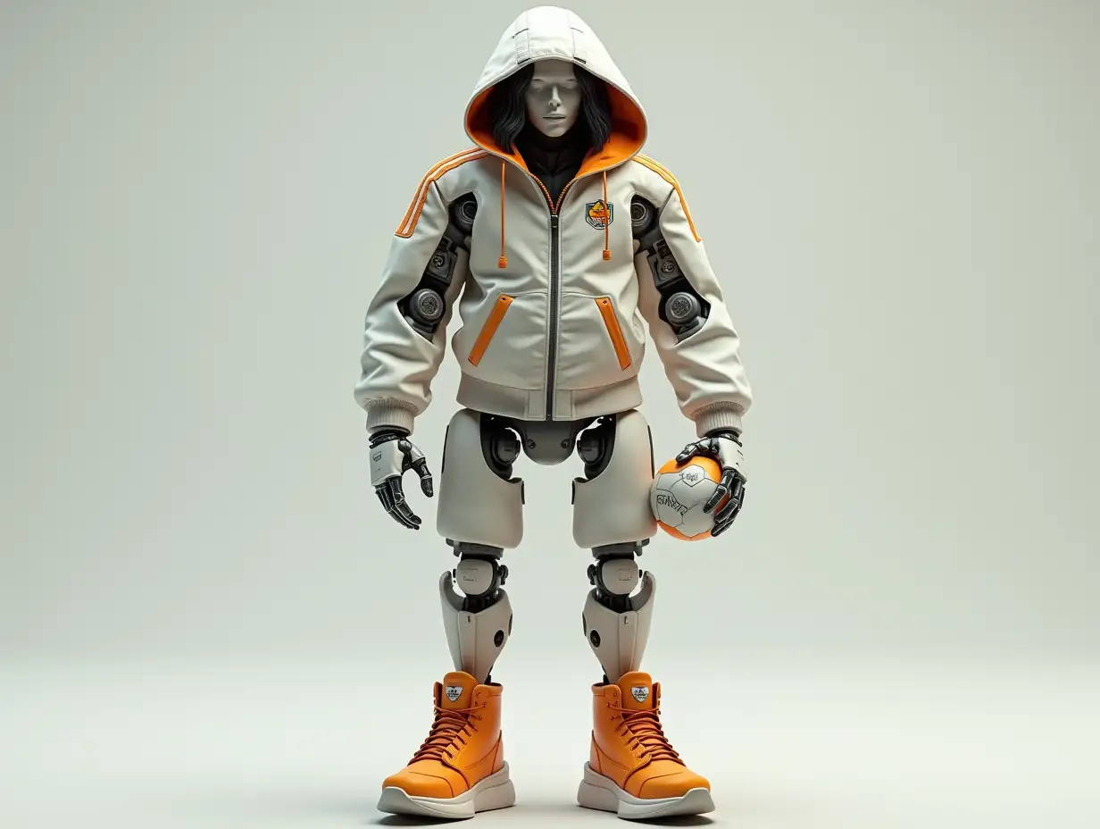 Create a high-resolution, realistic image of a robot with a skeletal body, orange lace-up boots and head, a stylish tracksuit, and a ball in its hand with a hood and hair in 4K resolution