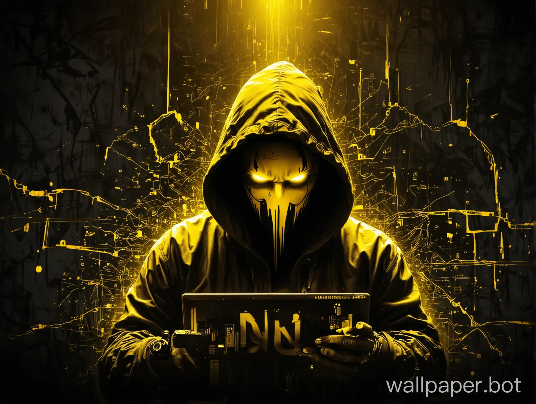 defcon linux desktop wallpaper computer grafiti art hacker guy kali linux osint cyber security yellow color scheme looking down  glowing eves