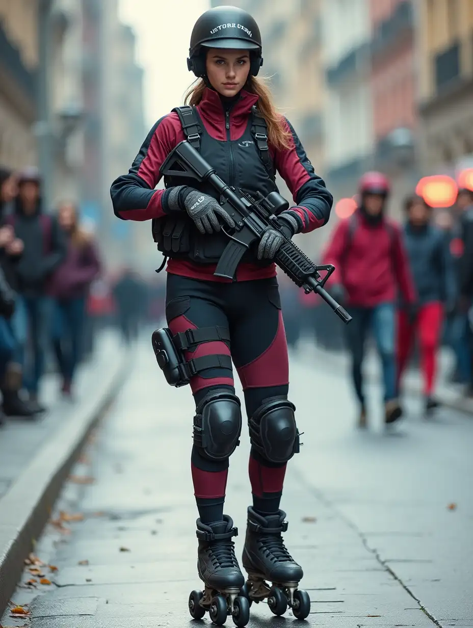 a 17 year old airsoft geared woman at a distance, she is skating on a street, holding a weapon, ordinary people in background, clothes have racing colors, she is wearing lots of functional sportswear, cycling gloves, airsoft helmet with transparent visor over eyes, smartwatch, thick plastic knee pads, modern inline skates with complete organized wheels