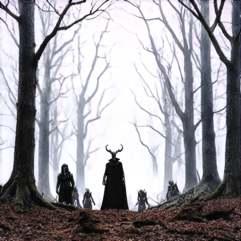 Image of a dark forest in the background, with monsters lurking in front of a person