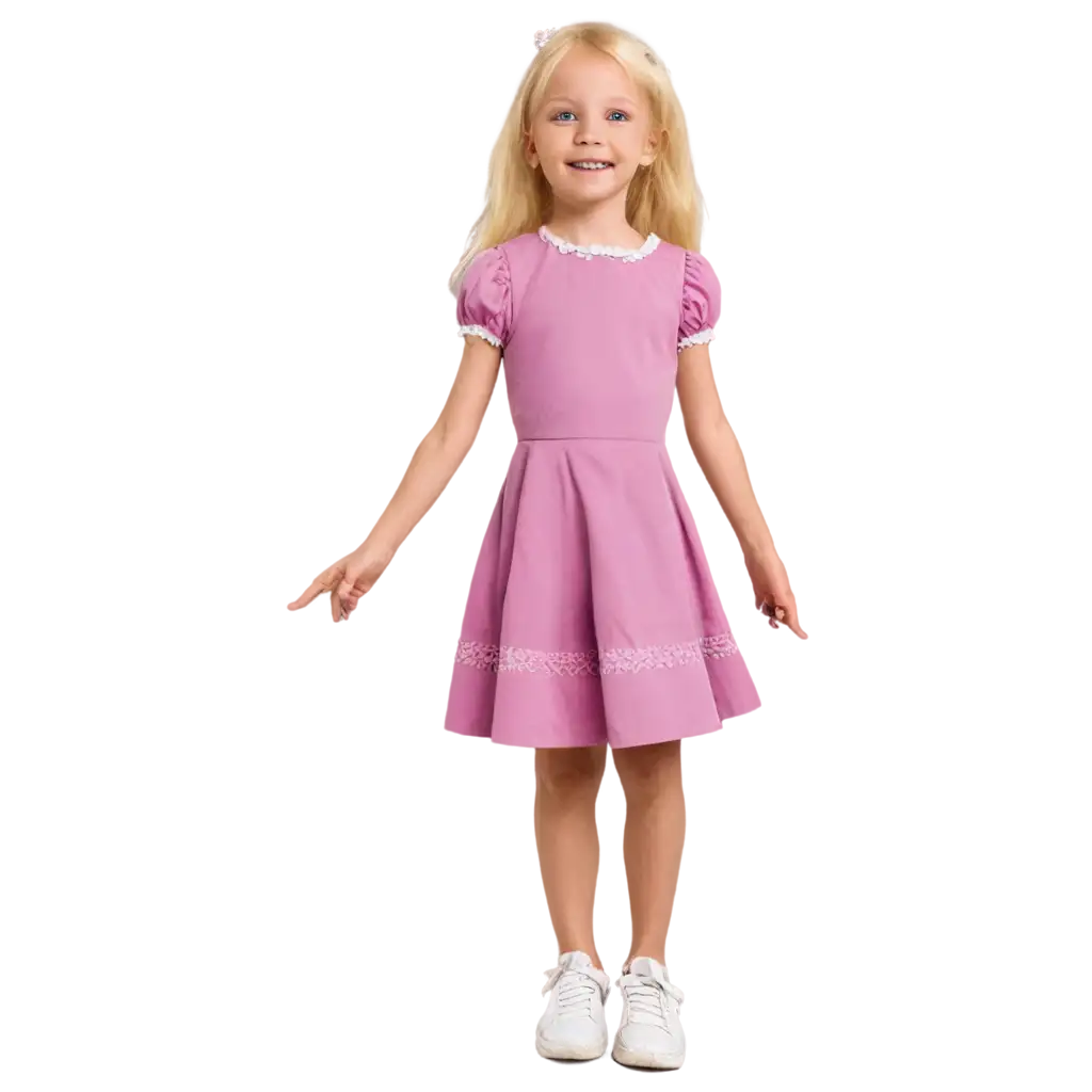 Lacy-8-Year-Old-Girl-with-Light-Yellow-Hair-PNG-Image-Adorable-Pink-Shirt-Purple-Dress-and-White-Shoes