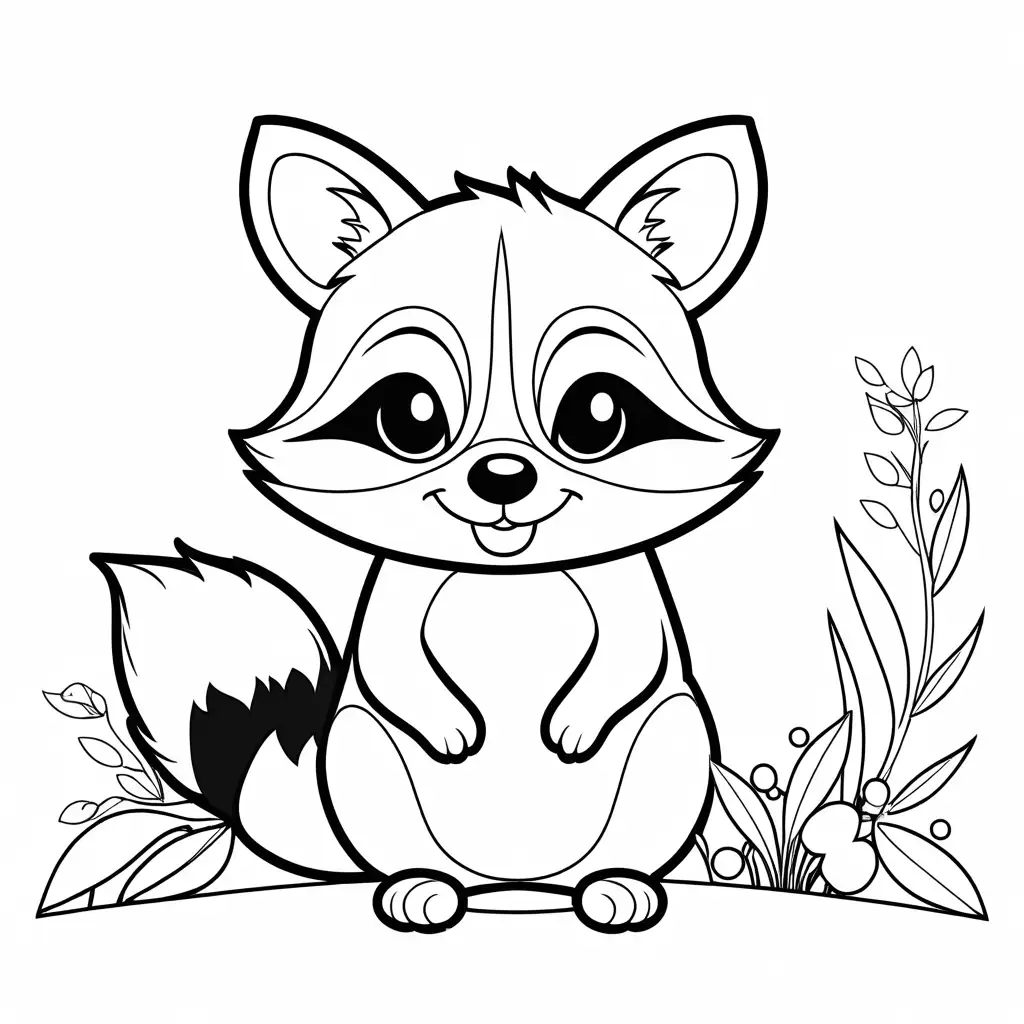 happy cute raccoon smiling coloring page for toddlers, Coloring Page, black and white, line art, white background, Simplicity, Ample White Space. The background of the coloring page is plain white to make it easy for young children to color within the lines. The outlines of all the subjects are easy to distinguish, making it simple for kids to color without too much difficulty