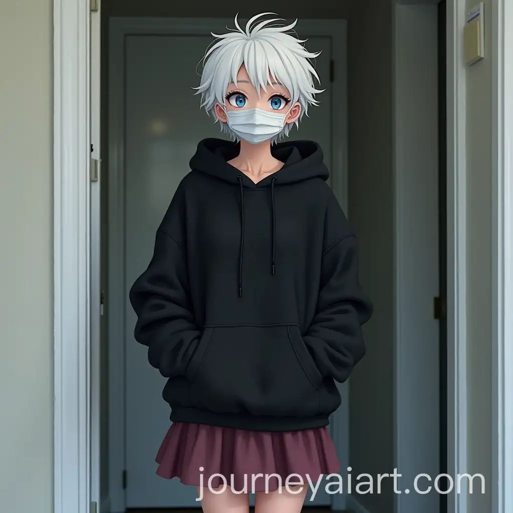 YoungAI-Art-Prompt-Expansion-Albino-Woman-in-Hoodie-and-Mask-Smiling-in-Front-of-Apartment-Door