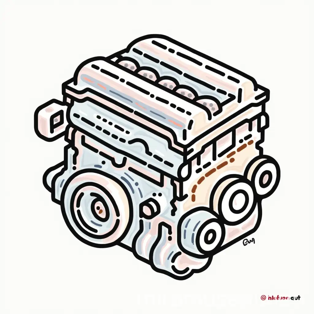 Detailed Line Drawing of a Colorful Engine Block