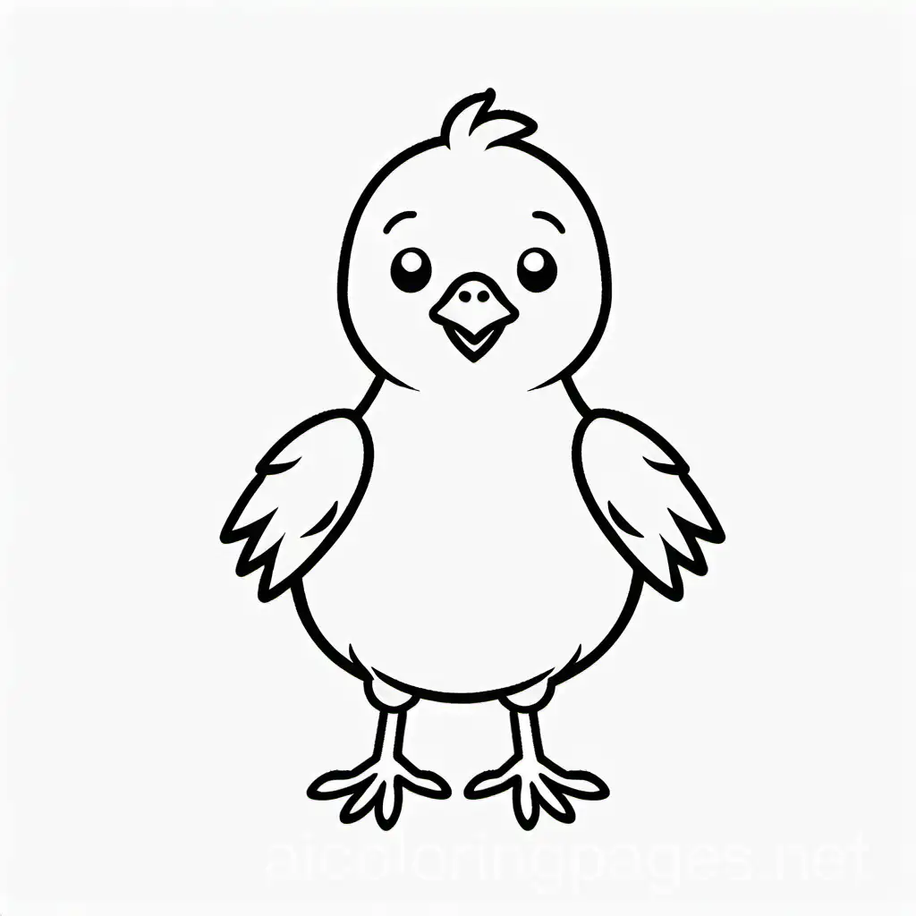 Cute Baby chicken , Coloring Page, black and white, line art, white background, Simplicity, Ample White Space. The background of the coloring page is plain white to make it easy for young children to color within the lines. The outlines of all the subjects are easy to distinguish, making it simple for kids to color without too much difficulty